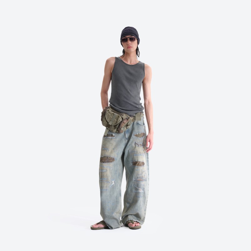 Destroyed Patch‑work Denim Pants